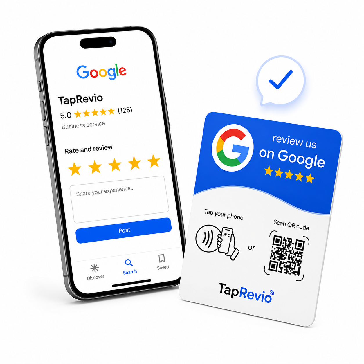 Phone showing a five-star Google review next to a TapRevio NFC review card